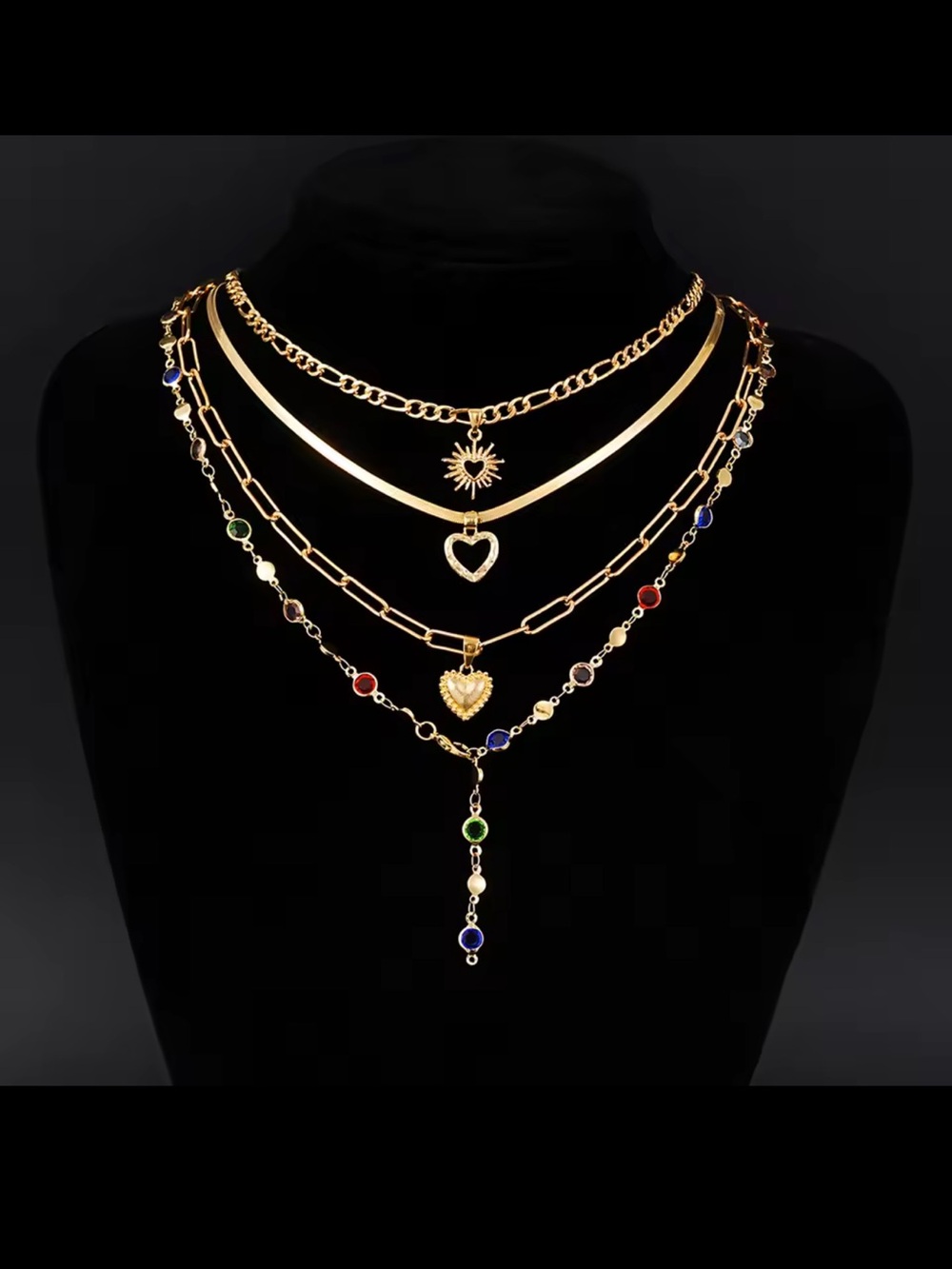 Gold Layered Heart & Sun Necklace with Multicolor Stones - Picture 4 of 10
